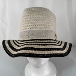 Vince Camuto Cream and Black Sun Hat with Bold Stripes